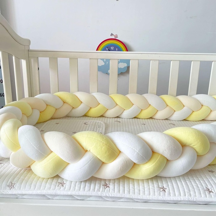 Protectie Laterala pentru Patut Bumper Morovan, perne rotunde din material moale, Lungime 3 m, Placut la atingere, Protejeaza impotriva curentilor de aer si a loviturilor, Antialergic, Galben/Alb