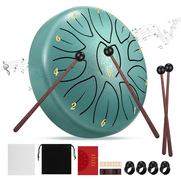 Toba de limba din otel, 6 inch, 11 tonuri, verde deschis, set complet cu bete, suport pentru bete, carte de tutoriale, autocolante note, cotiere