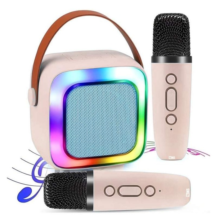 Set Complet Karaoke SIKS, 2 Microfoane Wireless, Boxa Portabila, RGB LED, Bej