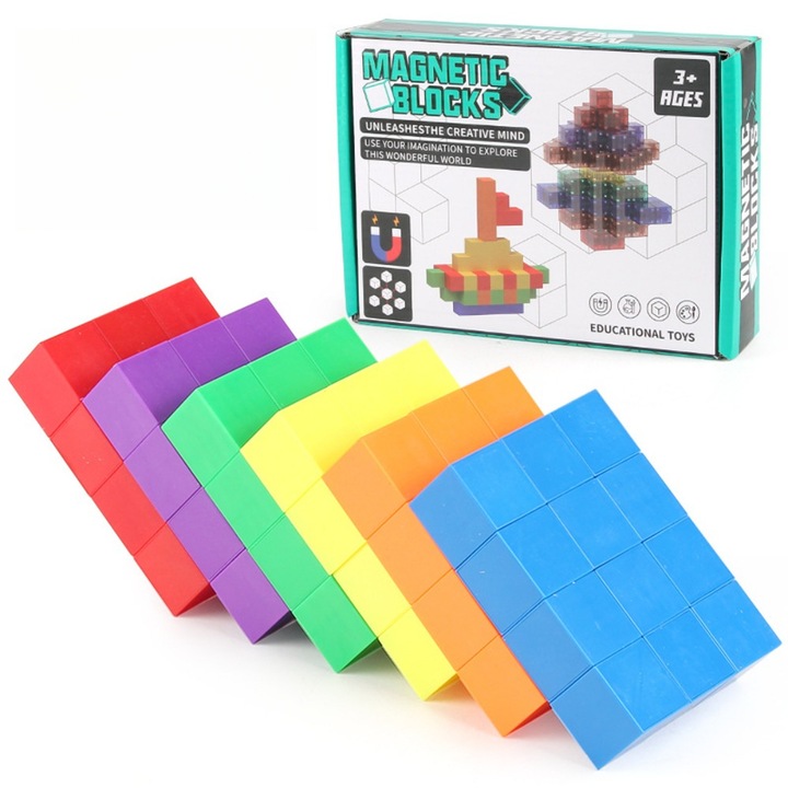 Set de 72 piese cuburi magnetice, jucarie educationala STEM, multicolor, 18,7x4,5x13,5cm