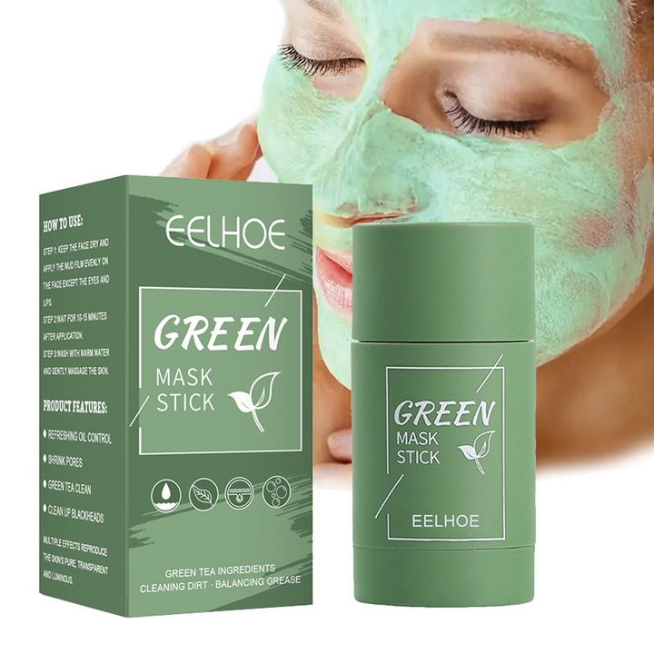 Stick masca faciala - EELHOE Masca cu extract de ceai verde, Purificare profunda si hidratare, Pentru pori mariti, Formula naturala, Testat dermatologic