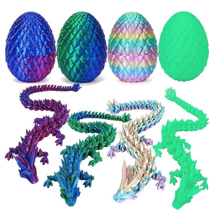 Sárkánytojás figura szett, 4 darab, 3D nyomtatott, többszínű, 2,75x1,5x1,5 hüvelyk, sárkány hossza 5 hüvelyk