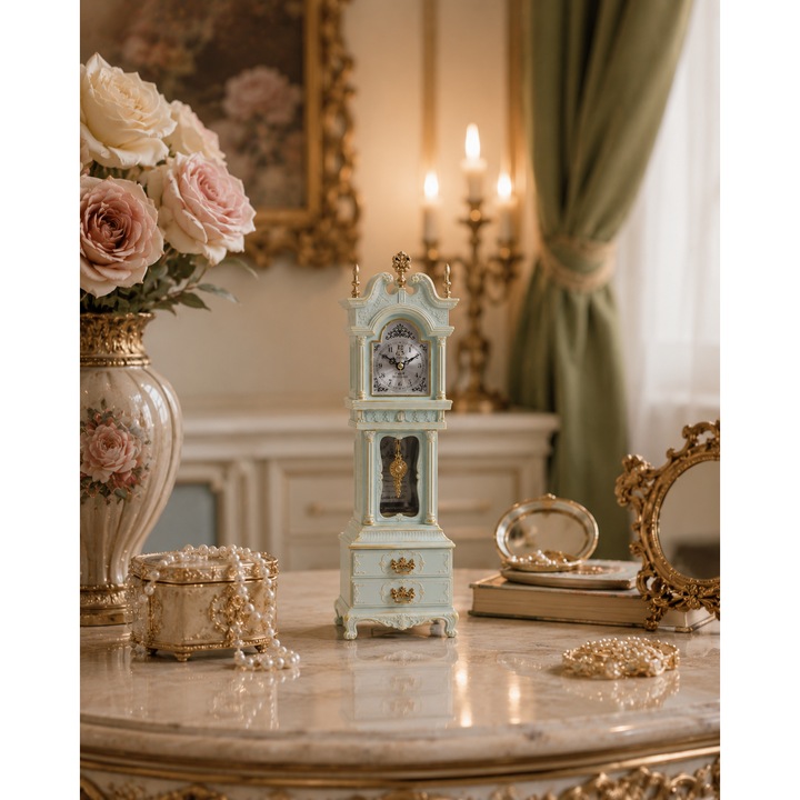 Ceas decorativ tip pendul, de masa, cutie muzicala, baroc, mecanism quartz, 2 sertare pentru bijuterii, design vintage elegant – albastru cu auriu, pentru dormitor, living, docor spatii comerciale, cafenele, cofetarii