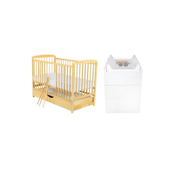 Set mobilier pentru copii, BabyNeeds: Patut din lemn de pin, cu sertar cu capac si somiera reglabila in 3 trepte, Ola, 120x60 cm + Saltea cocos-burete-cocos, 8 cm + Comoda cu masuta de infasat, Alb/Natur
