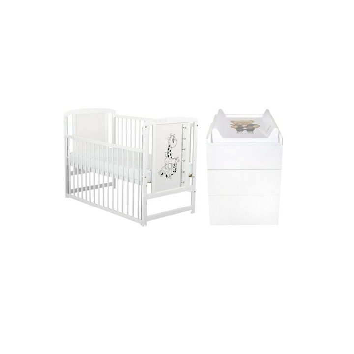 Детски комплект мебели, BabyNeeds: Кошарка с плъзгаща се страна, изработена от борова дървесина и MDF, регулируема основа на 3 нива, Timmi Giraffe, 120x60 см + матрак Coconut-Gumbe-Coconut, 10 см + Скрин с маса за повиване, бял