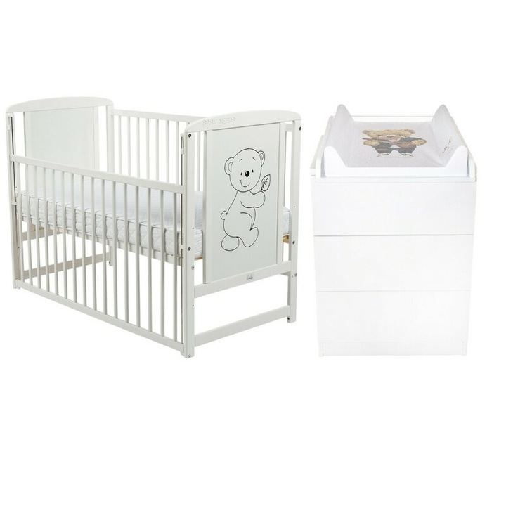 Set mobilier pentru copii, BabyNeeds: Patut din lemn de pin, cu laterala culisanta si somiera reglabila in 3 trepte, Timmi, 120x60 cm + Saltea cocos-burete-cocos, 8 cm + Comoda cu masuta de infasat, Alb
