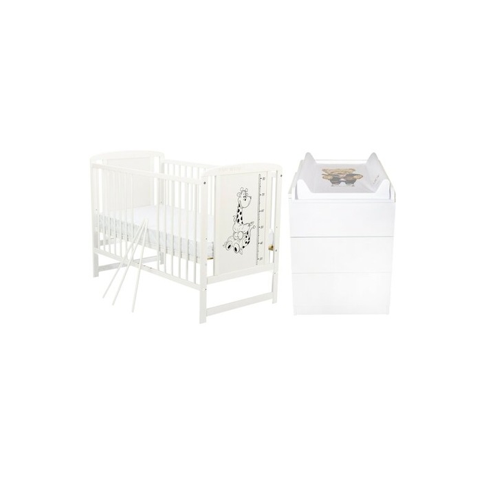 Set mobilier pentru copii, BabyNeeds: Patut din lemn de pin, cu somiera reglabila in 3 trepte, Timmi Girafa, 120x60 cm + Saltea cocos-burete 8 cm + Comoda cu masa de infasat, Alb
