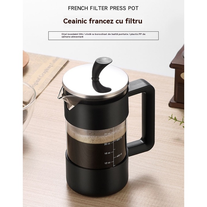 French Press kávéfőző Fantasy, 1000ml, 304 rozsdamentes acél, boroszilikát üveg, hármas szűrő, fekete-ezüst, 9.9x22.3cm