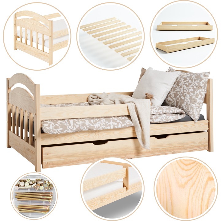 Детско легло, Leo, 184x87x70см, Бор, С чекмедже, 100% Масивна борова дървесина, Конструкция от масивна дървесина, Максимален капацитет 150 кг, Лесен и бърз монтаж, Естествена/дървесна текстура, Заоблени ъгли, Със защитна преграда и опора