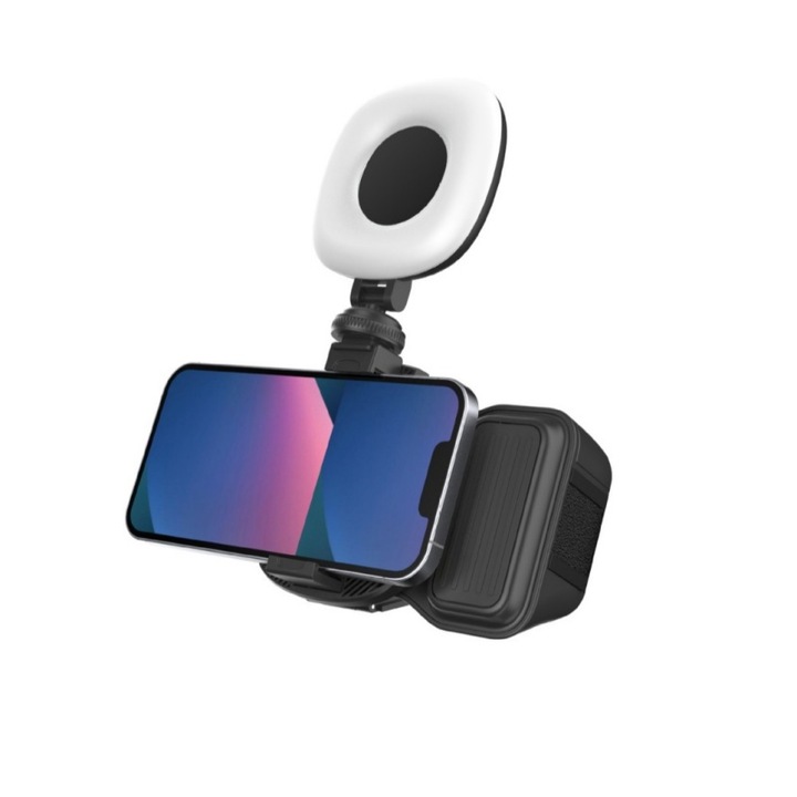 Stabilizator de imagine, Bluetooth, stick selfie, lumina de umplere, reglare intensitate cu 3 viteze, ergonomic, compact si portabil, negru