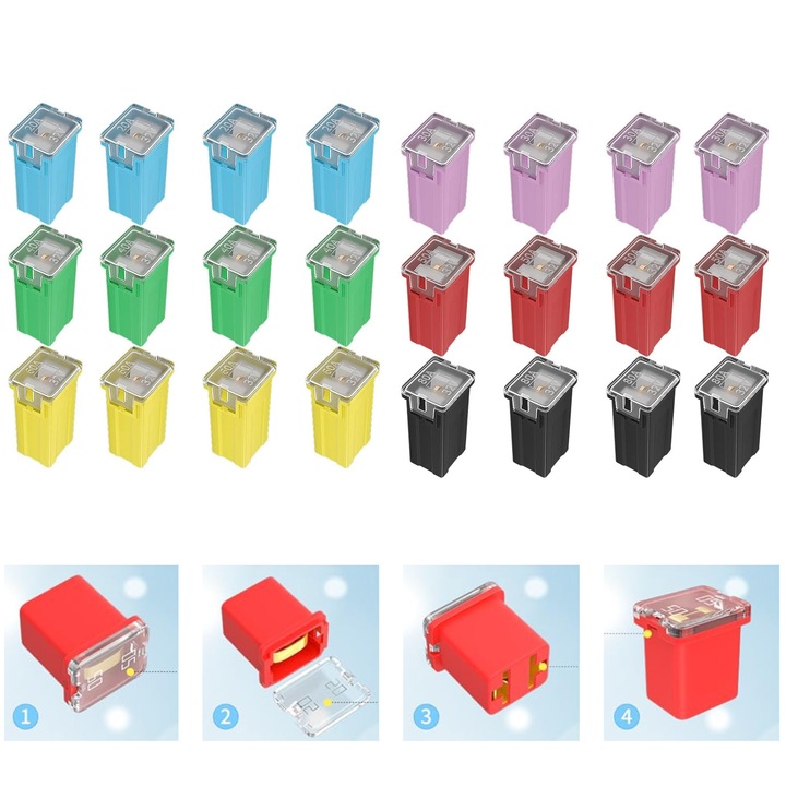 Set de 24 sigurante auto, 20A-80A, multicolor, 12V, 32V
