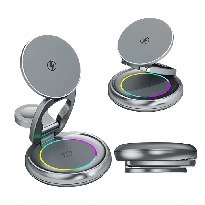 Statie de Incarcare Wireless 3 in 1, 15W, Pliabila, Design Compact, pentru iPhone, AirPods si Apple Watch