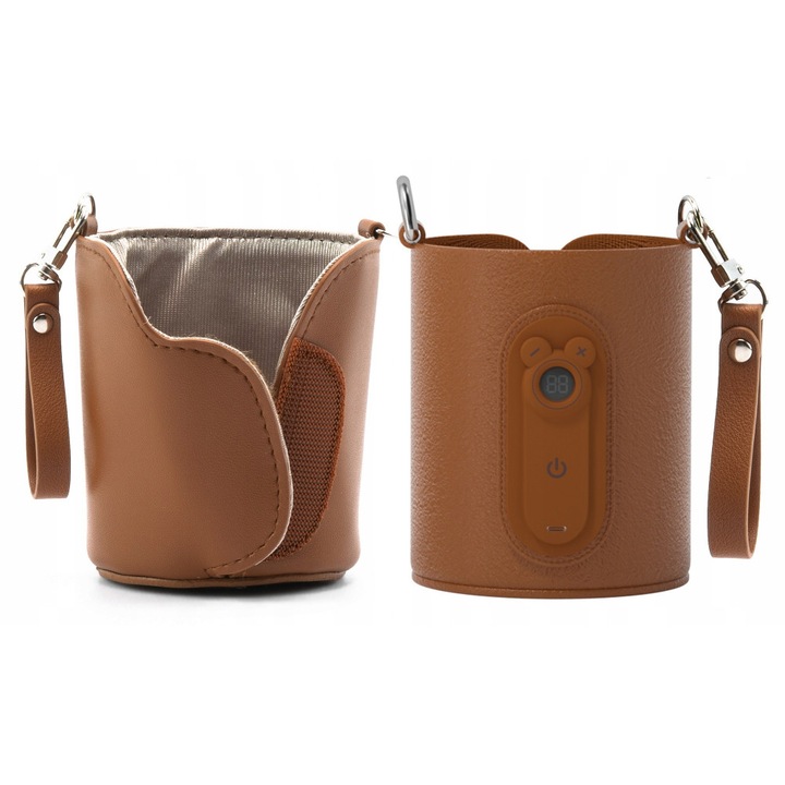 Incalzitor portabil pentru biberoane Kidnort Varm Brown, diametru 8 cm, cu reglare velcro, ecran digital, putere 5V 2A, cablu usb-c inclus, interval temperatura 40-65c pentru biberoane, lapte, apa