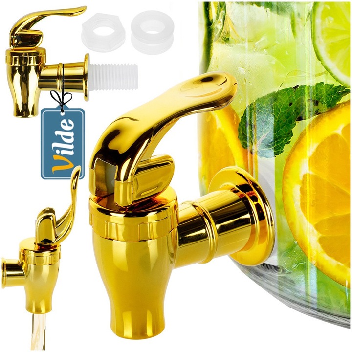 Set Robinet Pentru Borcan Cu Garnitura Si Capac, Vilde, 8x2.5x6.5 cm, Robinet De Rezerva Pentru Borcane, Distribuitoare De Bauturi, Fabricat Din Plastic, Culoare Aurie La Moda, Dimensiune Universala, Aurie