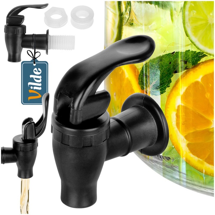 Set Robinet Pentru Borcan Cu Sigiliu Si Capac, Vilde, 8x2.5x6.5 cm, Fabricat Din Plastic, Culoare Neagra Moderna, Dimensiune Universala, Rezistent La Temperaturi De Pana La 100 °C, Negru