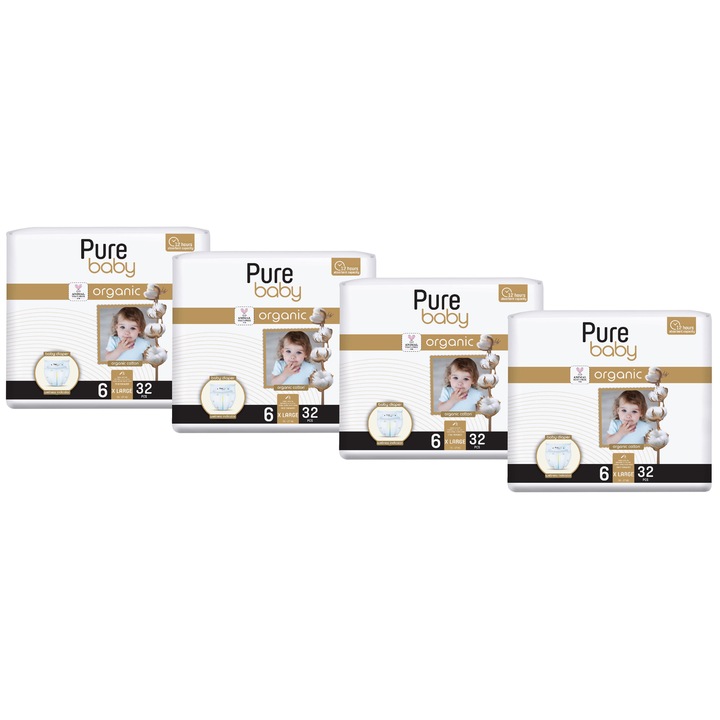 Set 4 pachete scutece Pure Baby bumbac organic, nr. 6 (15-27kg), 32 buc