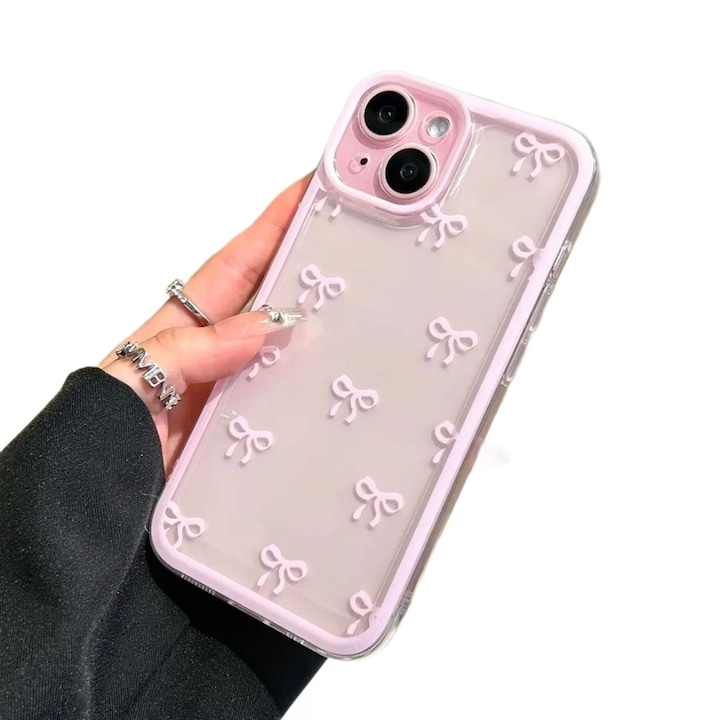 Husa telefon transparenta din gel de silice pentru iPhone 15 Pro Max, set cu fluture roz, rezistenta la amprente si zgarieturi