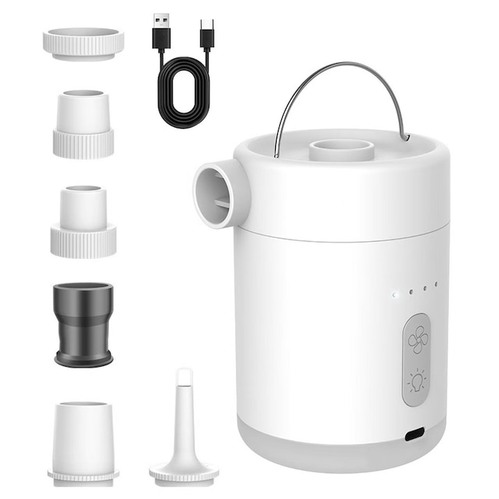 Pompa de aer electrica, 4 in 1 pentru umflarea/deflarea saltelei, IPS5 impermeabila, multifunctionala, incarcare USB, anterna LED 3 moduri, ultra-usoara si portabila, pentru plaja, camping si intalniri in aer liber, alb