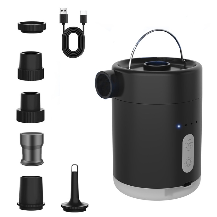 Pompa de aer electrica, 4 in 1 pentru umflarea/deflarea saltelei, IPS5 impermeabila, multifunctionala, incarcare USB, anterna LED 3 moduri, ultra-usoara si portabila, pentru plaja, camping si intalniri in aer liber, negru