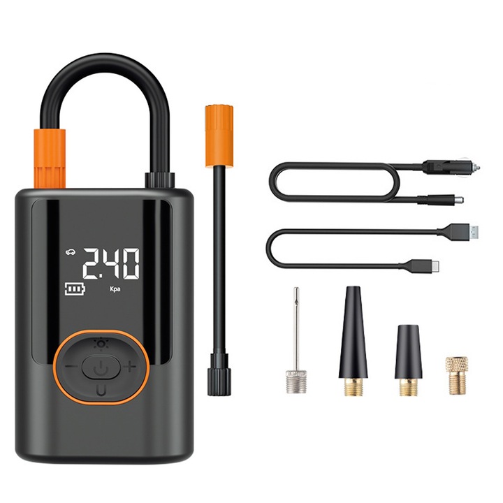 Pompa de aer auto electrica multifunctionala inteligenta, 100 W, cu fir sau fara fir, cu dubla utilizare, afisaj digital LCD, poate fi folosit ca o comoara reincarcabila, manometru digital, potrivit pentru masini, biciclete, bile, negru