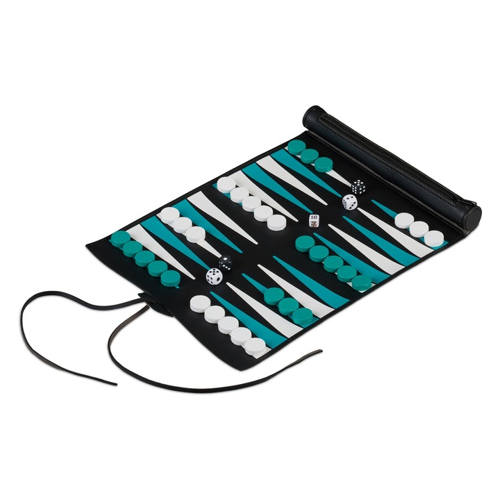 Joc de table/backgammon de calatorie, portabil, rulabil, design elegant din piele ecologica, set complet cu piese si zaruri, usor de transportat, pentru adulti si copii