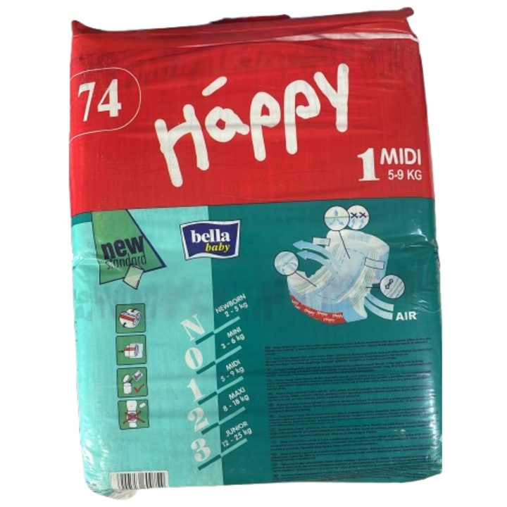 Комплект от 74 пелени Bella Happy, размер Midi, 5-9 кг