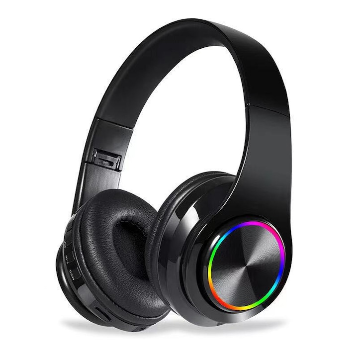 Безжични Bluetooth слушалки, лента за глава, ORBER, с цветни RGB LED светлини, вграден микрофон, преносими, сгъваеми, разтегателни, HD стерео качество на звука, поддържат 32G TF карта памет, черни