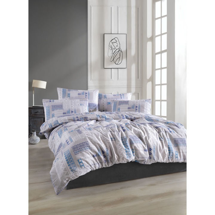 Lenjerie de pat dublu, Story Home, 100% bumbac ranforce, Jacob Albastru, 200x220cm, 220x240cm, 50x70cm, set 4 piese