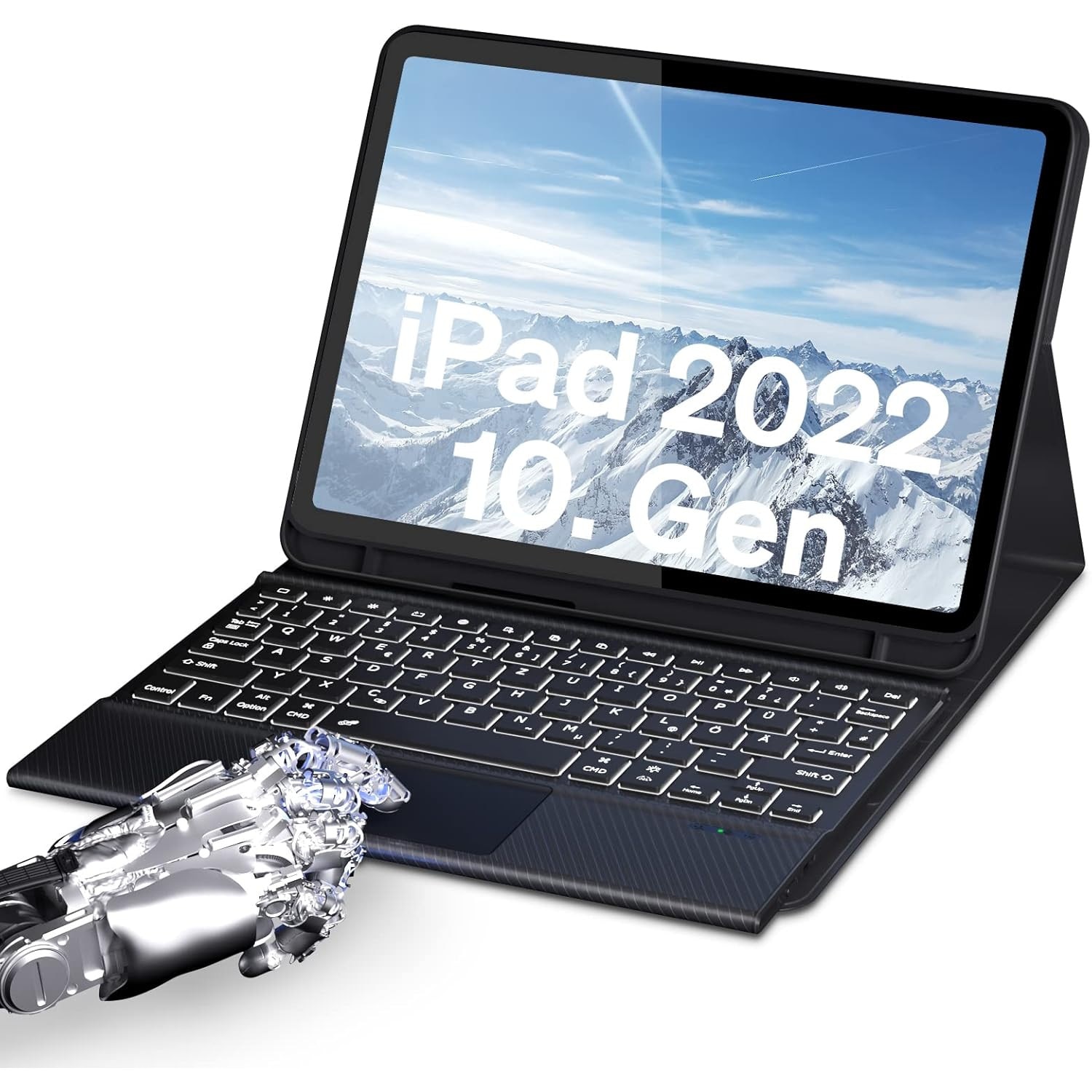 Husa cu tastatura Doohoeek pentru iPad 10 Gen 2022 (10.9"), Bluetooth, iluminare 7 culori, layout limba germana, Negru