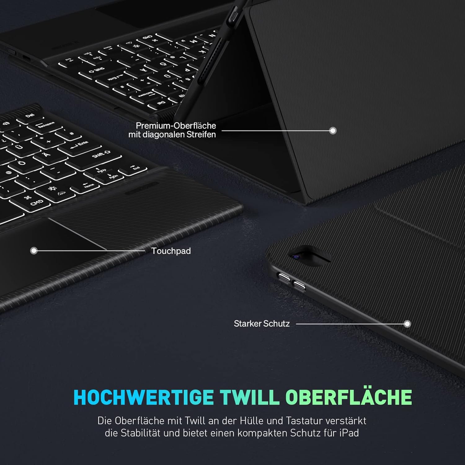 Husa cu tastatura Doohoeek pentru iPad 10 Gen 2022 (10.9"), Bluetooth, iluminare 7 culori, layout limba germana, Negru