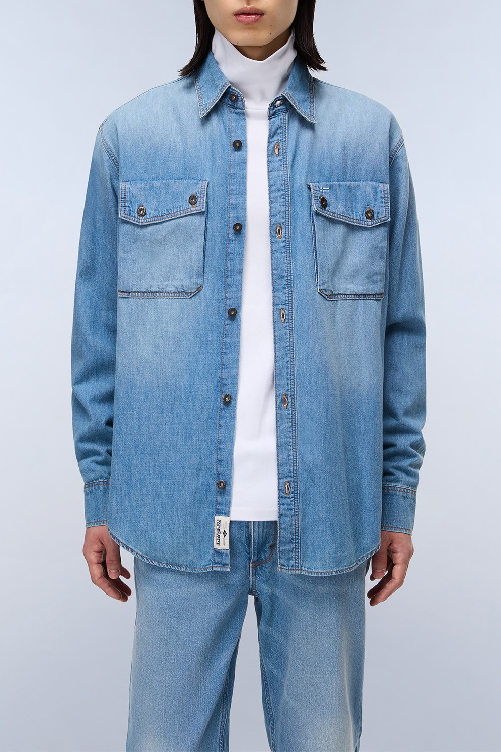 Napapijri, Camasa din denim cu terminatie rotunjita, Albastru deschis melange, L