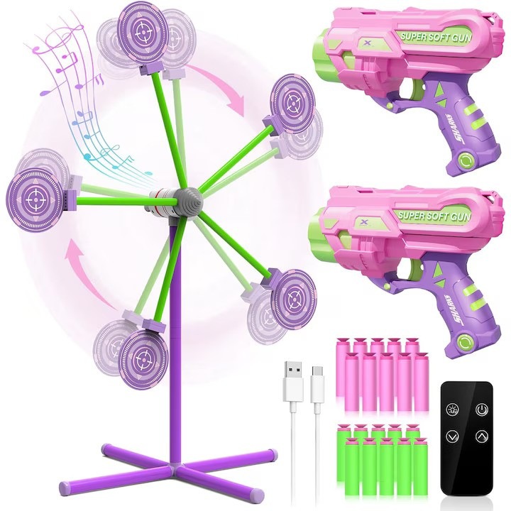 Pistoale cu tinta rotativa, Set joc baieti si fete 5-10 ani cu lumini si sunete – 2 x pistol + 20 sageti + telecomanda – Mov