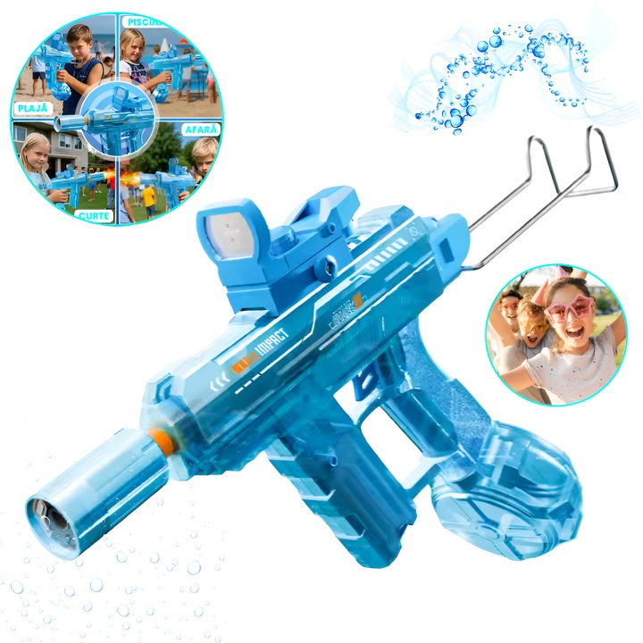 Електрически воден пистолет за деца 2025, автоматичен модел UZI POOD, непрекъсната стрелба, мощна струя с откат, бързо презареждане във вода, LED осветление, лятно забавление, басейн, плаж, градина, ABS пластмаса, син