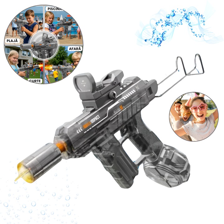 Електрически воден пистолет за деца 2025, автоматичен модел UZI POOD, непрекъсната стрелба, мощна струя с откат, бързо презареждане във вода, LED осветление, лятно забавление, басейн, плаж, градина, ABS пластмаса, черен
