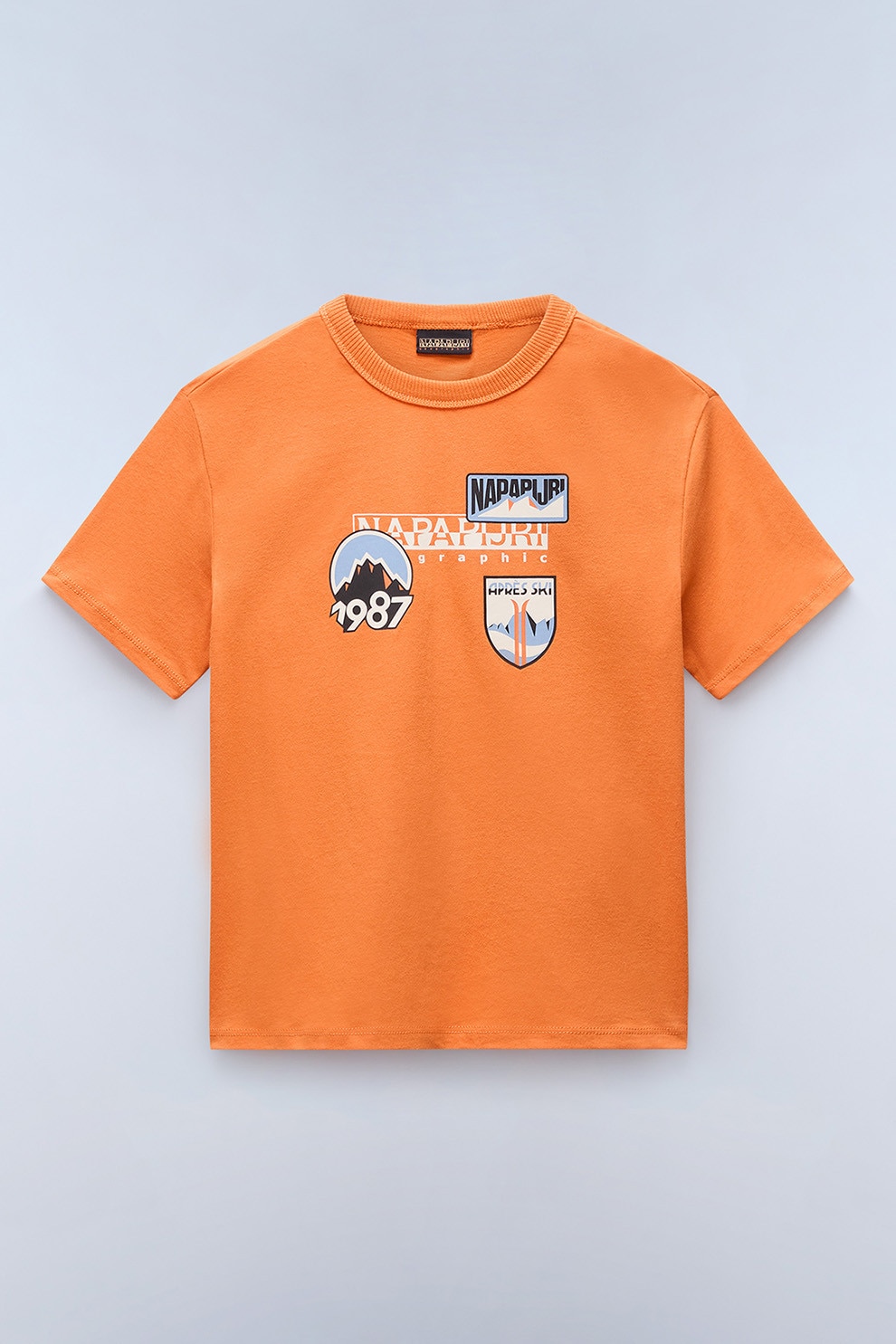 Napapijri, Tricou cu imprimeu logo si decolteu la baza gatului, Portocaliu mandarina, Albastru pal, 152 CM