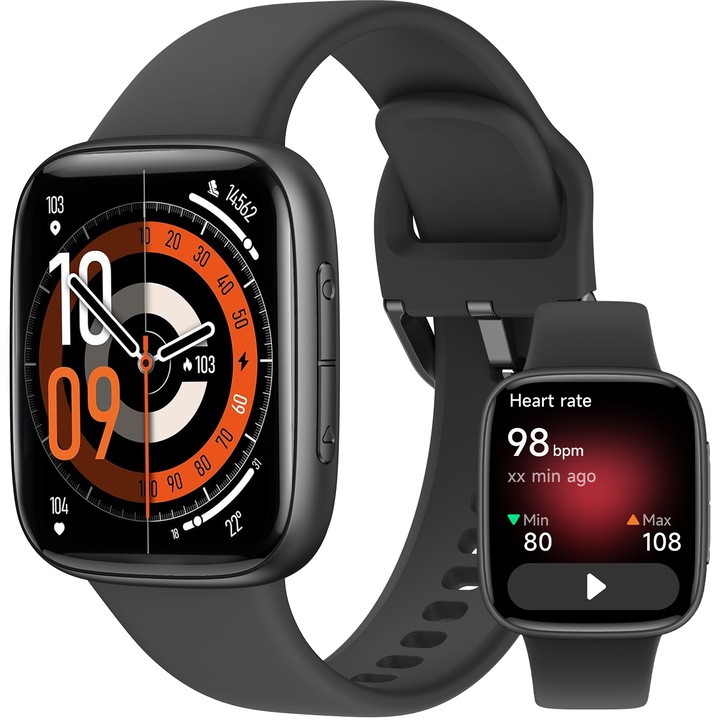 Ceas Smartwatch RUNEX® Active PX10, Ecran Amoled 1.85’’, Apeluri, Notificari, Microfon, Difuzor, Asistent Vocal, Monitorizare Activitati Fizice, Somn, Pasi, Puls, Vremea, Bluetooth, 350mAh, Autonomie 7 Zile, Aplicatie VeryFit, Bratara Silicon, Negru