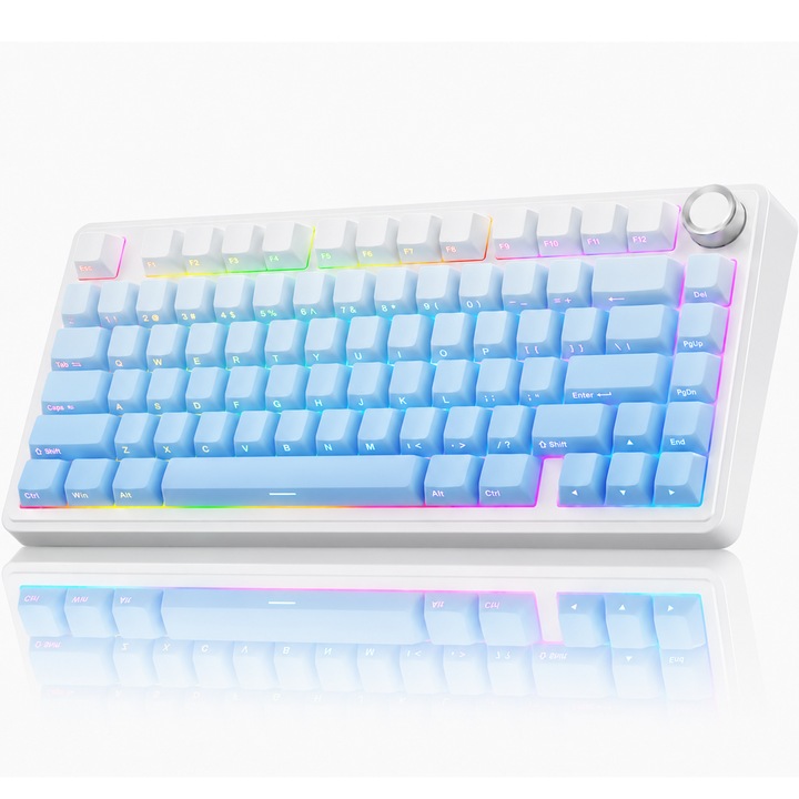 Tastatura mecanica wireless AULA F75 gaming RGB, 3 moduri Bluetooth/2.4G/USB-C, hot swap, 75%, knob rotativ, baterie mare, Switch-Leobog Reaper Anti-Ghosting, pentru PC/Consola