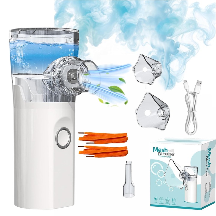 Aparat Aerosoli TZ-W08, Nebulizator Ultrasonic, Portabil, Tehnologie Mesh, 0.3ml/min, Ultra Silentios, Masca Adulti si Copii, validat clinic, ultrasonic, Piesa pentru Gura, Reincarcabil, Alb