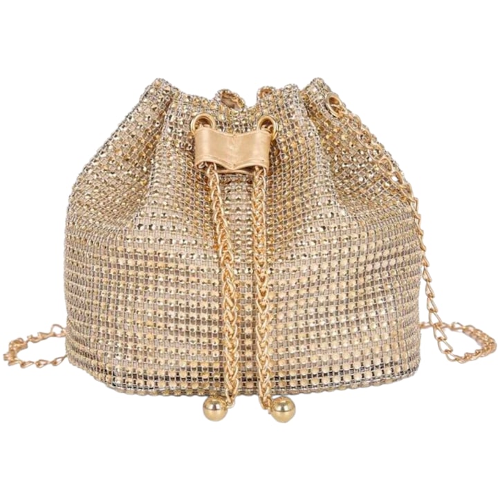 Elegáns, arany színű táska, strasszokkal és zsinórral, mini dizájn, Glamour stílus, magassága 14 cm, hossza 18 cm.