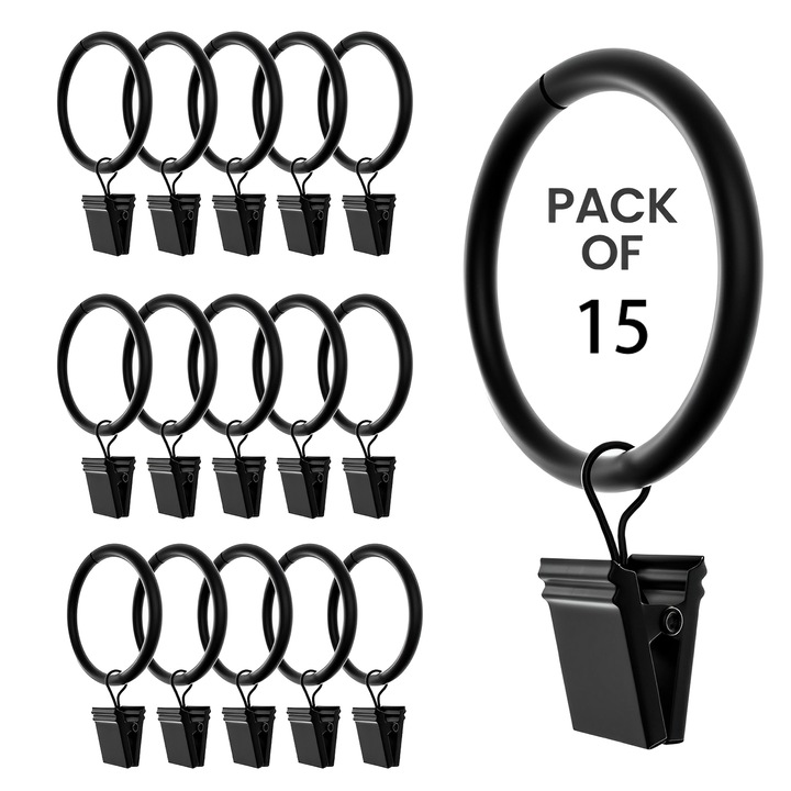 Set 15 inele pentru perdele cu clips, 38mm, rezistente la rupere si deformare, negru