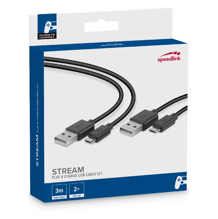 Комплект USB кабели Speedlink, Stream Play & Charge, Black, за Playstation 4
