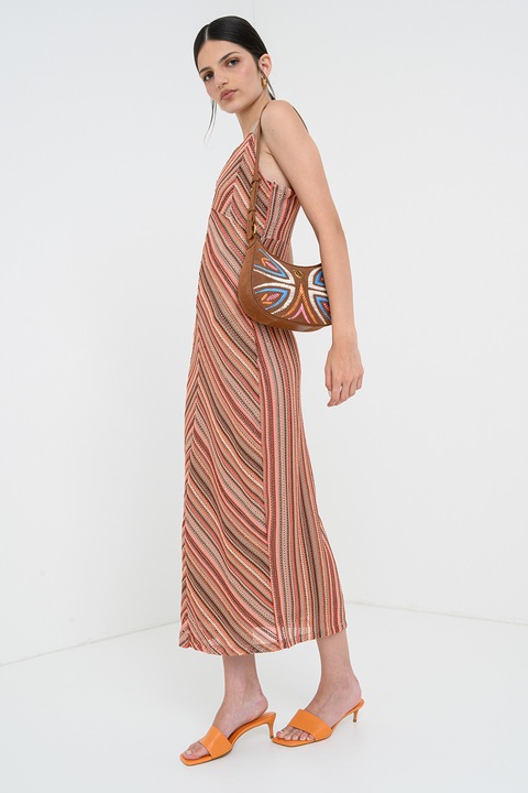 Vero Moda, Rochie midi cu model in dungi, Maro/Portocaliu