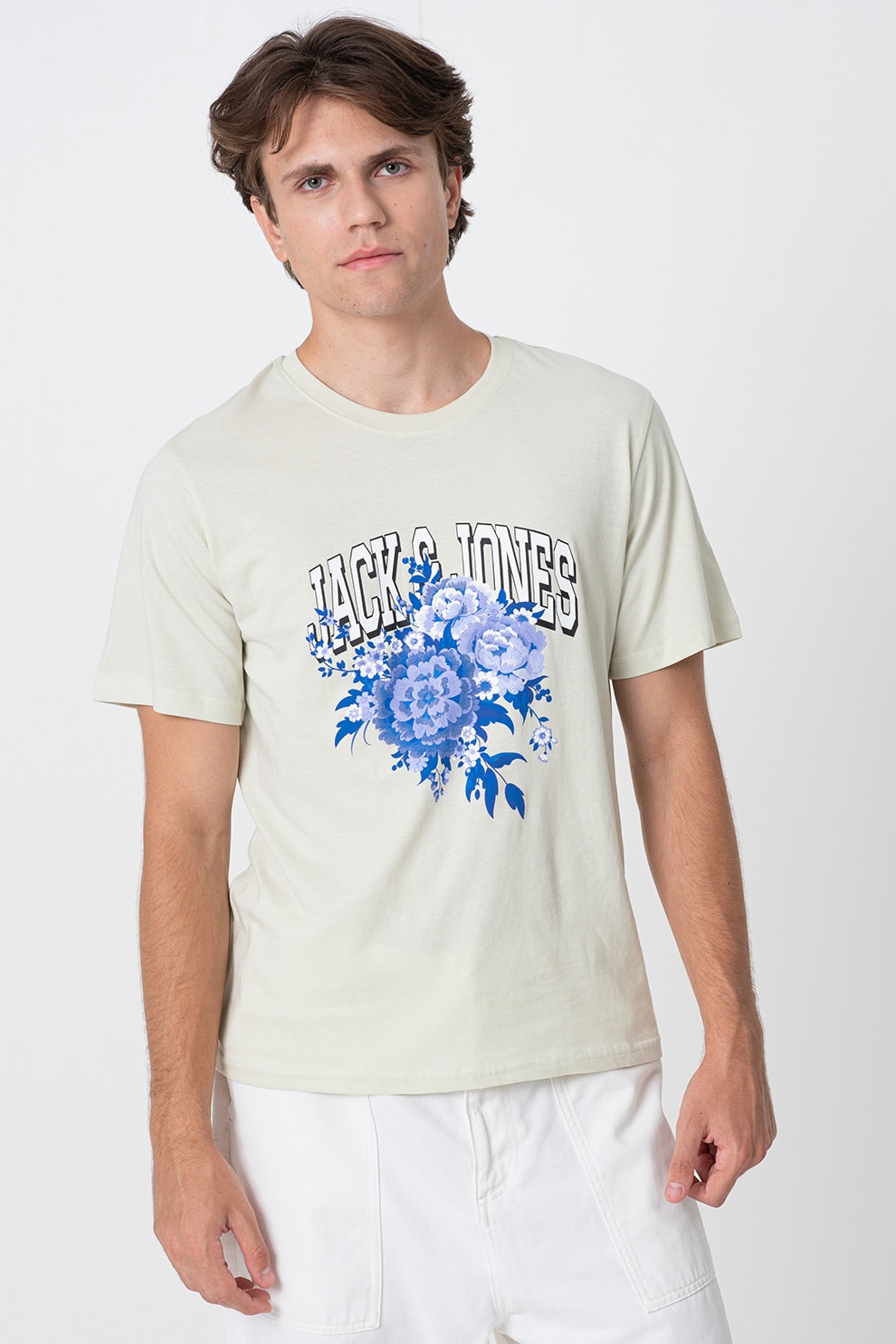 Jack & Jones, Tricou cu decolteu la baza gatului si imprimeu, Alb, Verde masliniu, L