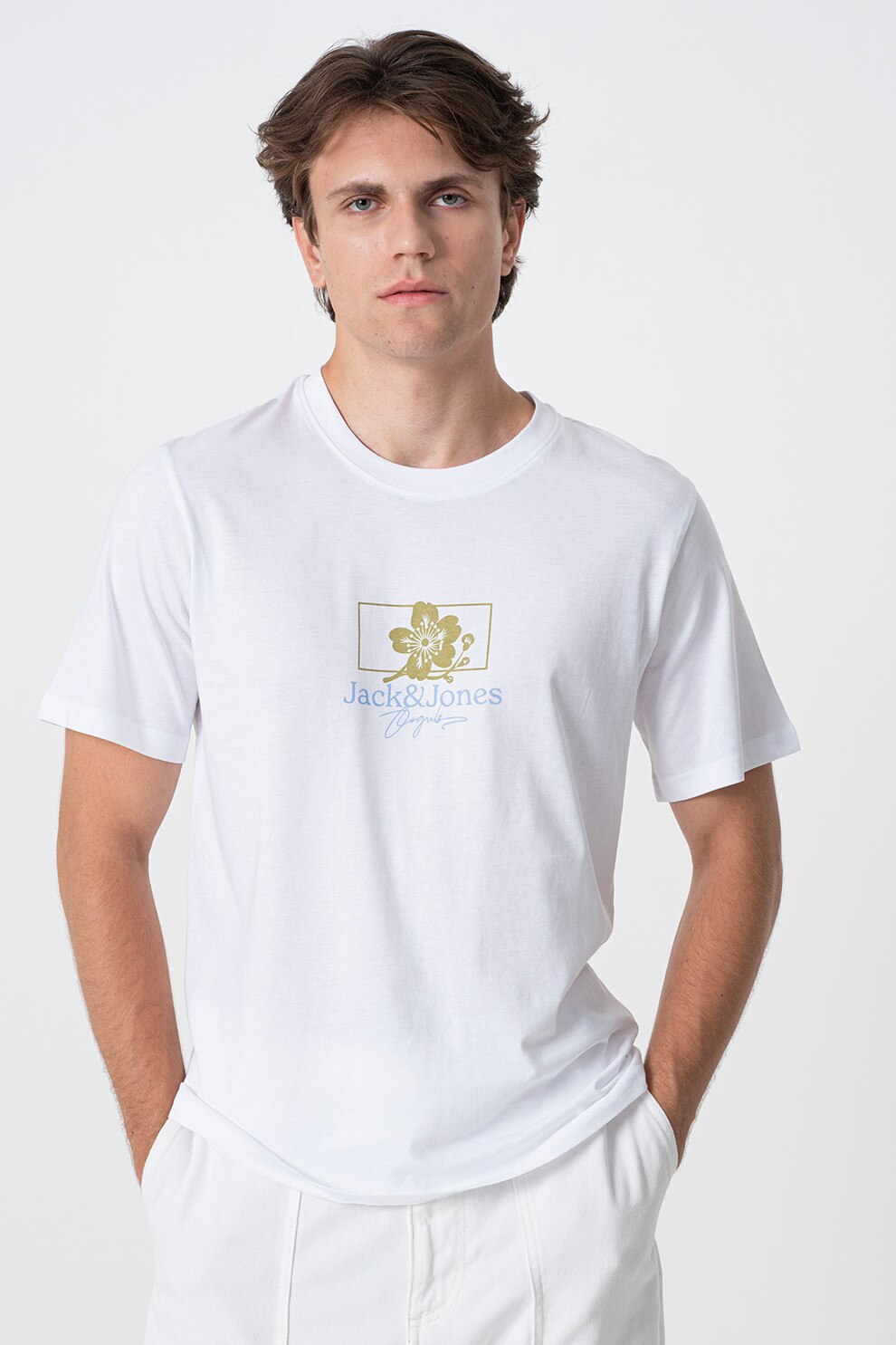 Jack & Jones, Tricou cu decolteu la baza gatului si imprimeu, Alb, Verde masliniu, L