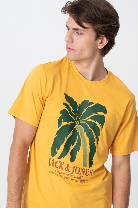 Jack & Jones, Kerek nyakú póló mintával, Narancssárga/Erdőzöld