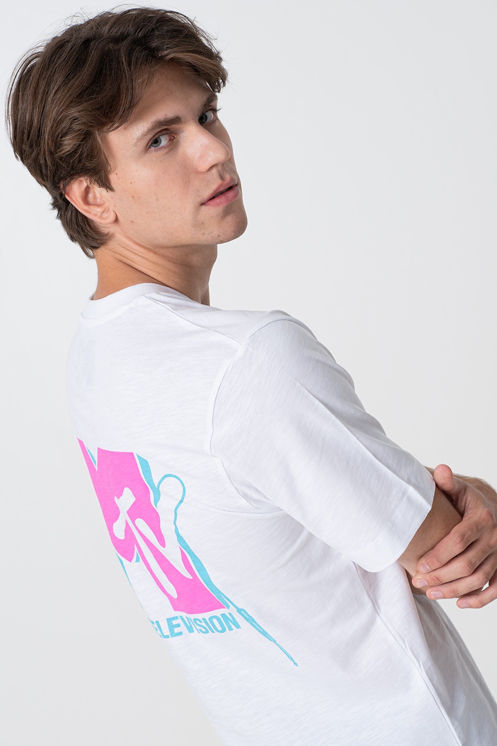 Jack & Jones, Tricou de bumbac cu imprimeu grafic pe partea din spate, Alb, Roz, L