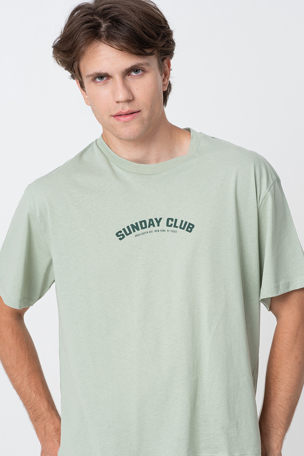 Jack & Jones, Tricou cu decolteu la baza gatului si imprimeu logo, Verde deschis, L
