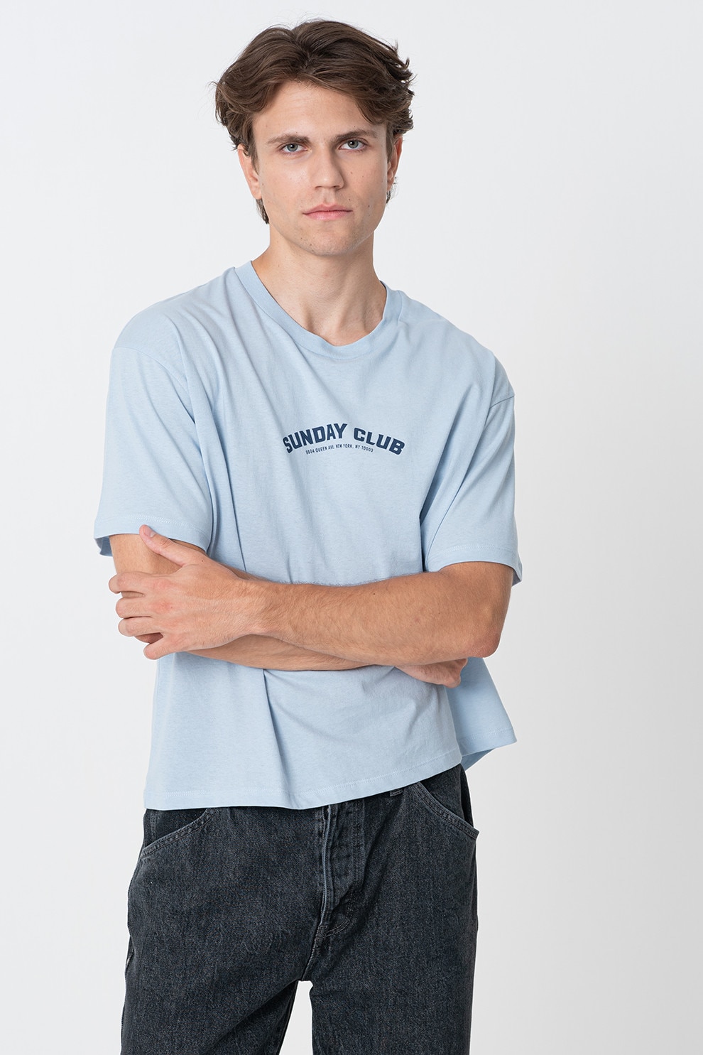 Jack & Jones, Tricou cu decolteu la baza gatului si imprimeu logo, Albastru deschis, L