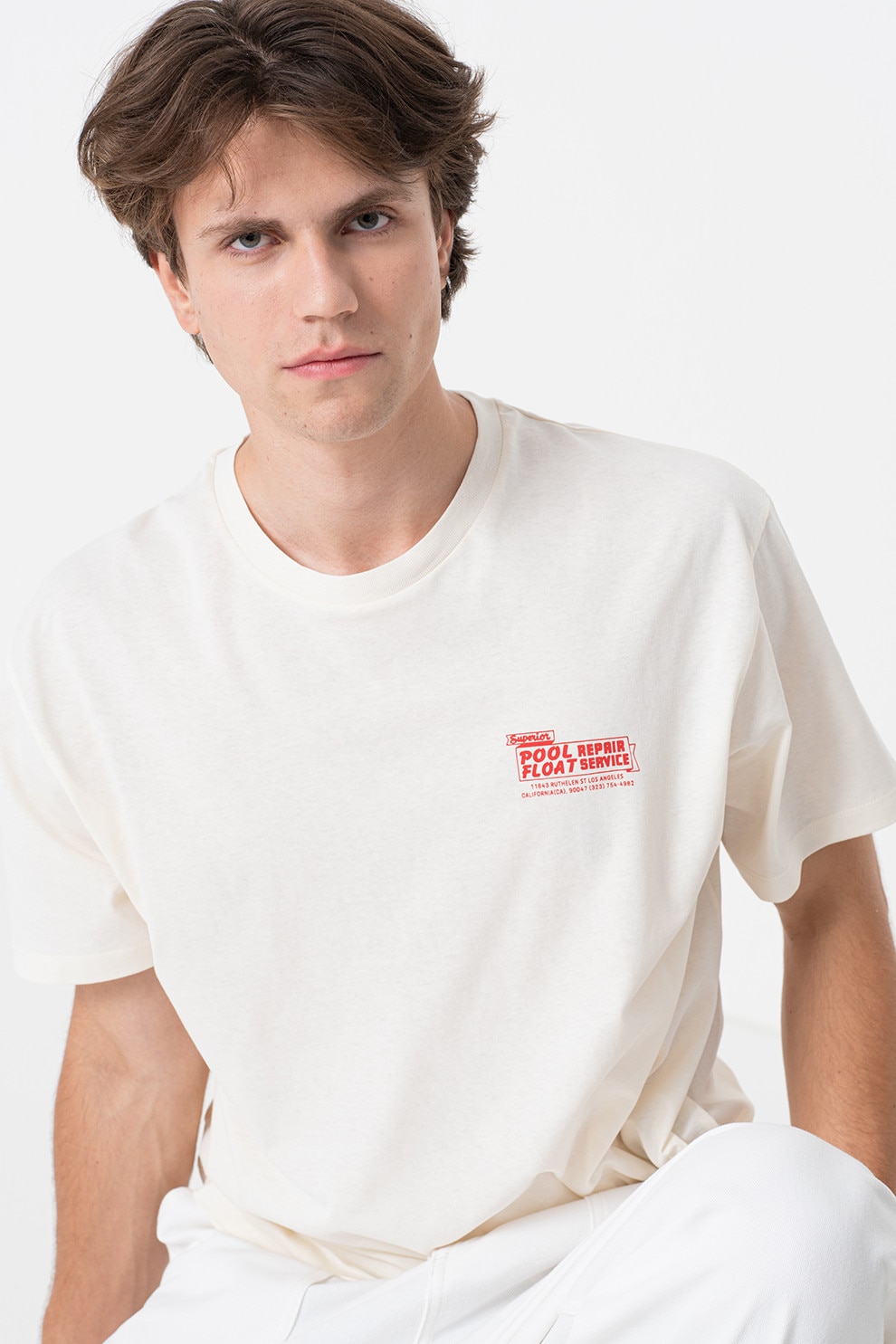 Jack & Jones, Tricou de bumbac cu imprimeu pe partea din spate, Rosu, Bej deschis, L