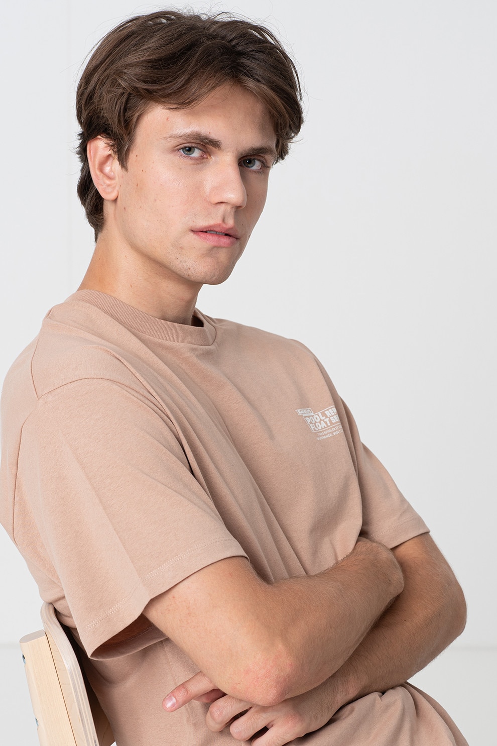 Jack & Jones, Tricou de bumbac cu imprimeu pe partea din spate, Bej inchis, M